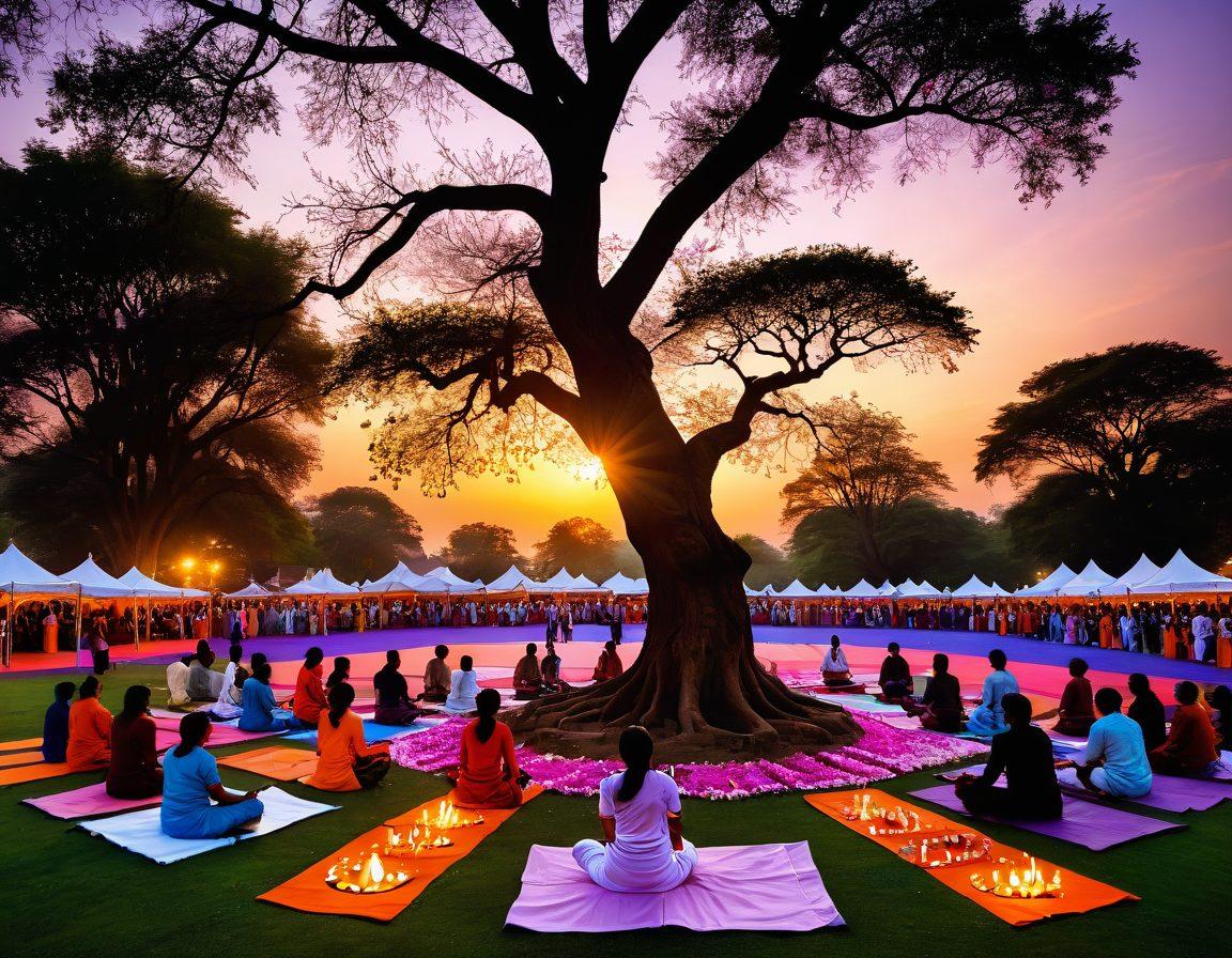 A vibrant Indian festival scene showcasing colorful decorations, joyful people in traditional attire, and cultural elements like diyas and rangoli. In the foreground, a serene moment with individuals practicing yoga under a peaceful tree, symbolizing harmony. A dreamy sunset casts warm hues across the landscape, blending festivities with tranquility. super-realistic. vibrant colors. 3D.