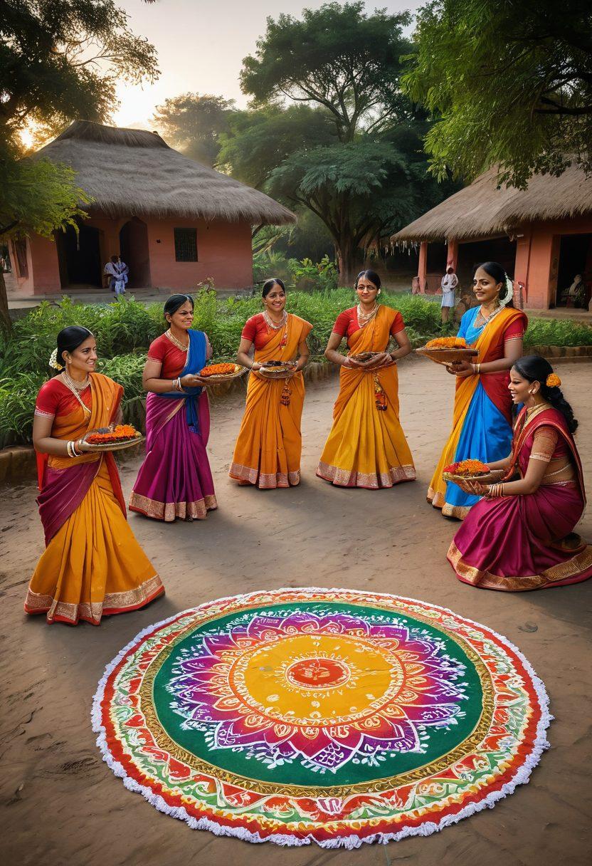A serene scene depicting a traditional Indian village festival, filled with smiling faces, vibrant colors, and rich cultural elements such as colorful rangoli, joyful dancers in traditional attire, and lively musicians playing folk instruments. In the background, lush greenery and a sunset sky create a tranquil atmosphere, symbolizing joy and bliss. super-realistic. vibrant colors. 3D.