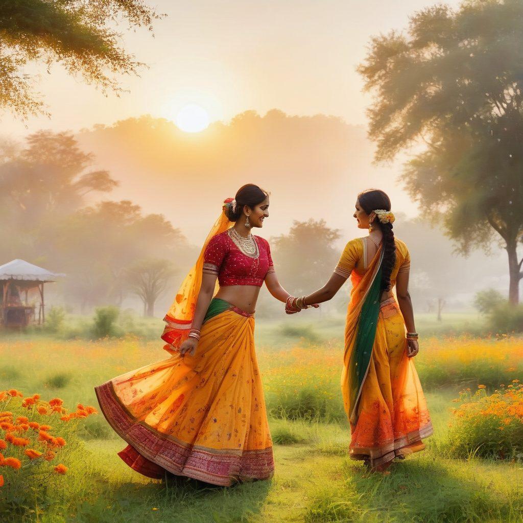 A serene Indian landscape showcasing a vibrant sunset over a lush green field, with diverse people engaging in joyful activities such as dancing, cooking traditional meals, and sharing laughter. Include elements of Indian culture like colorful traditional attire, intricate patterns, and blooming flowers. Capture the essence of happiness and community, emanating warmth and positivity. watercolor style. vibrant colors. peaceful atmosphere.